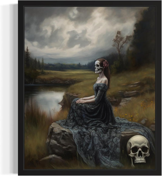 Widow Ghost Poster Art Print, Halloween Scary Vintage Wall Art Academia Spooky Painting Decoration for Horror Prints, Gothic Posters Bedroom Decor 89 (Widow Ghost, 16 x 20 inches, Black Frame)