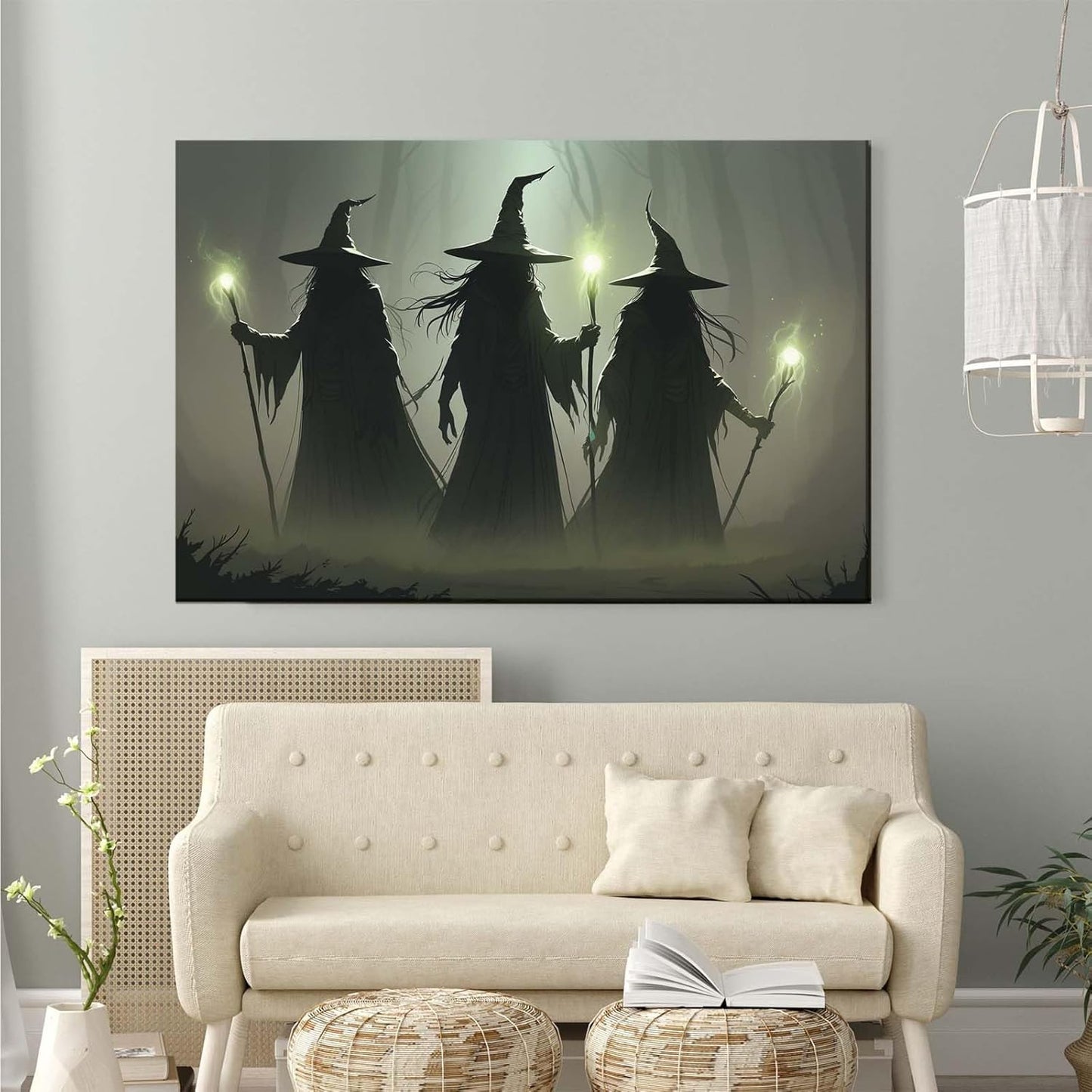 JFHCQJPK Vintage 3 witches canvas wall decor melancholy dark Halloween poster wall decor holding a staff print Gothic horror Halloween painting print for living room bedroom12x16in Frameless