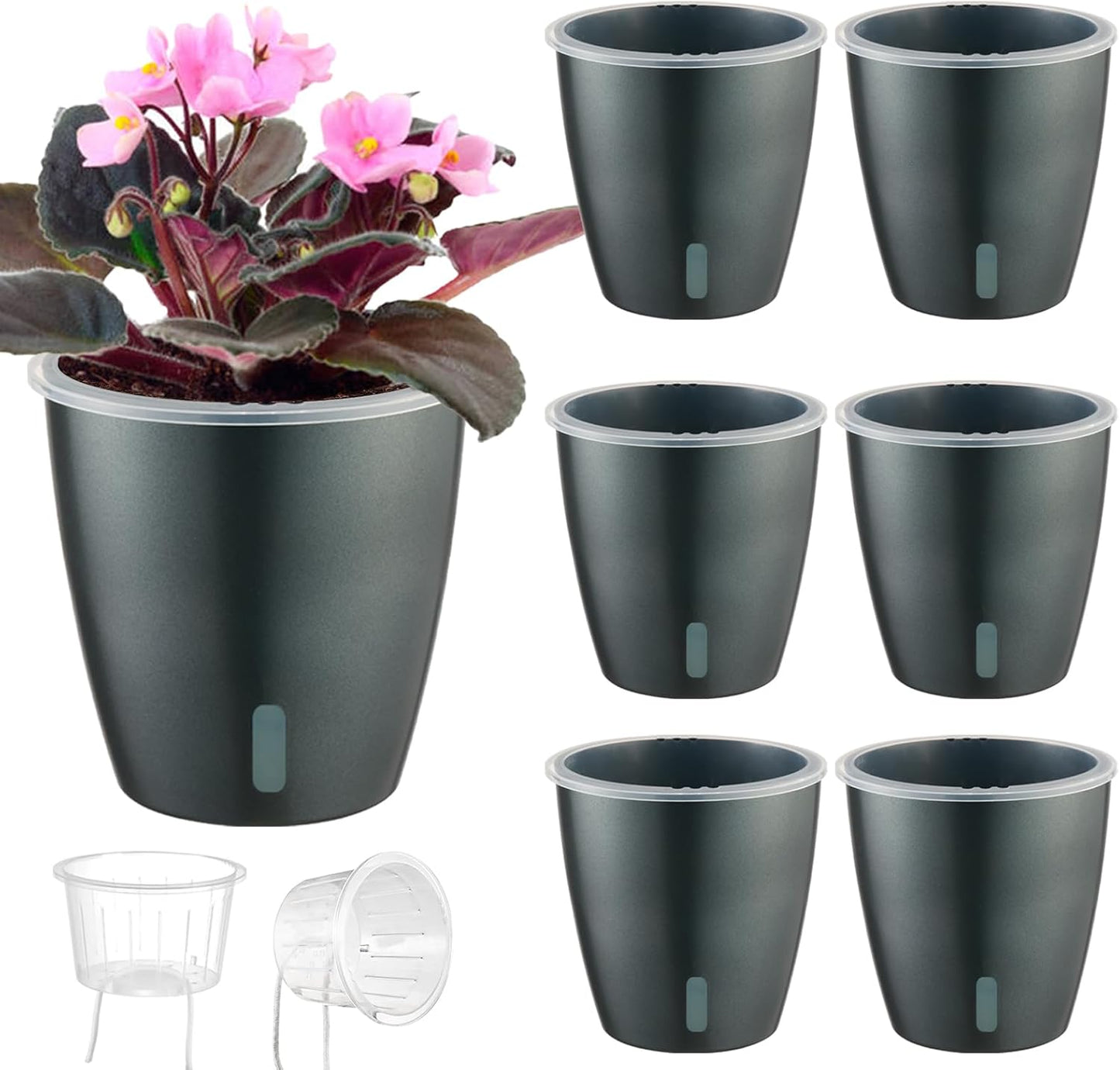 Self Watering Pots for Indoor Plants, 6-Pack 5'' Self Watering Planter with Drainage Holes, Small African Violet Pots with Water Indicator, Clear Wick Orchid Pot, Grey