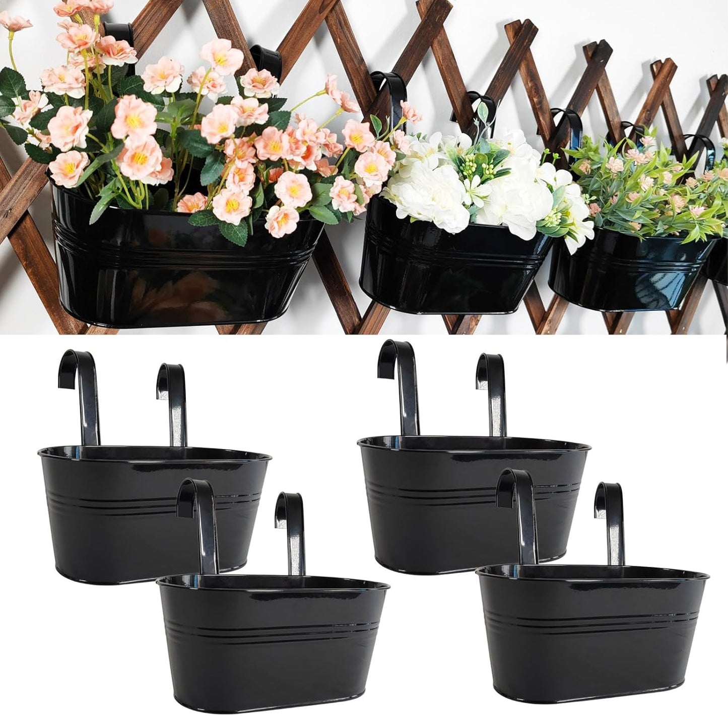 4 Pack Metal Hanging Planter for Outdoor Plants, 10 Inch Black Fence Planters Railing Pots for Garden Patio Balcony Decor, Flower Bucket with Detachable Hooks (Black, 4Pcs)