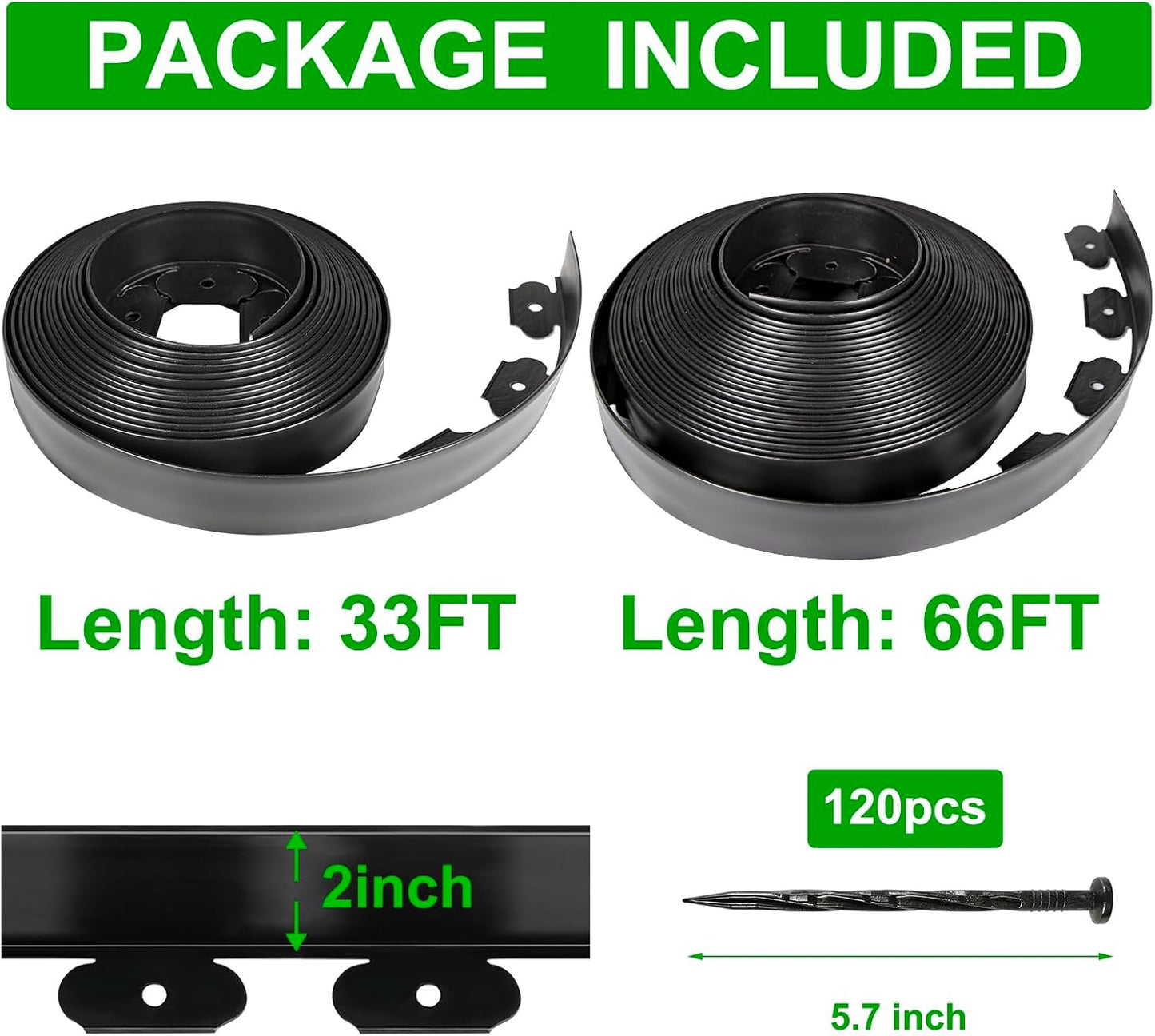 JERIA 2 Inch Tall 100 FT Garden Edging Kit with 120pcs Spikes, Plastic Edging for Landscaping