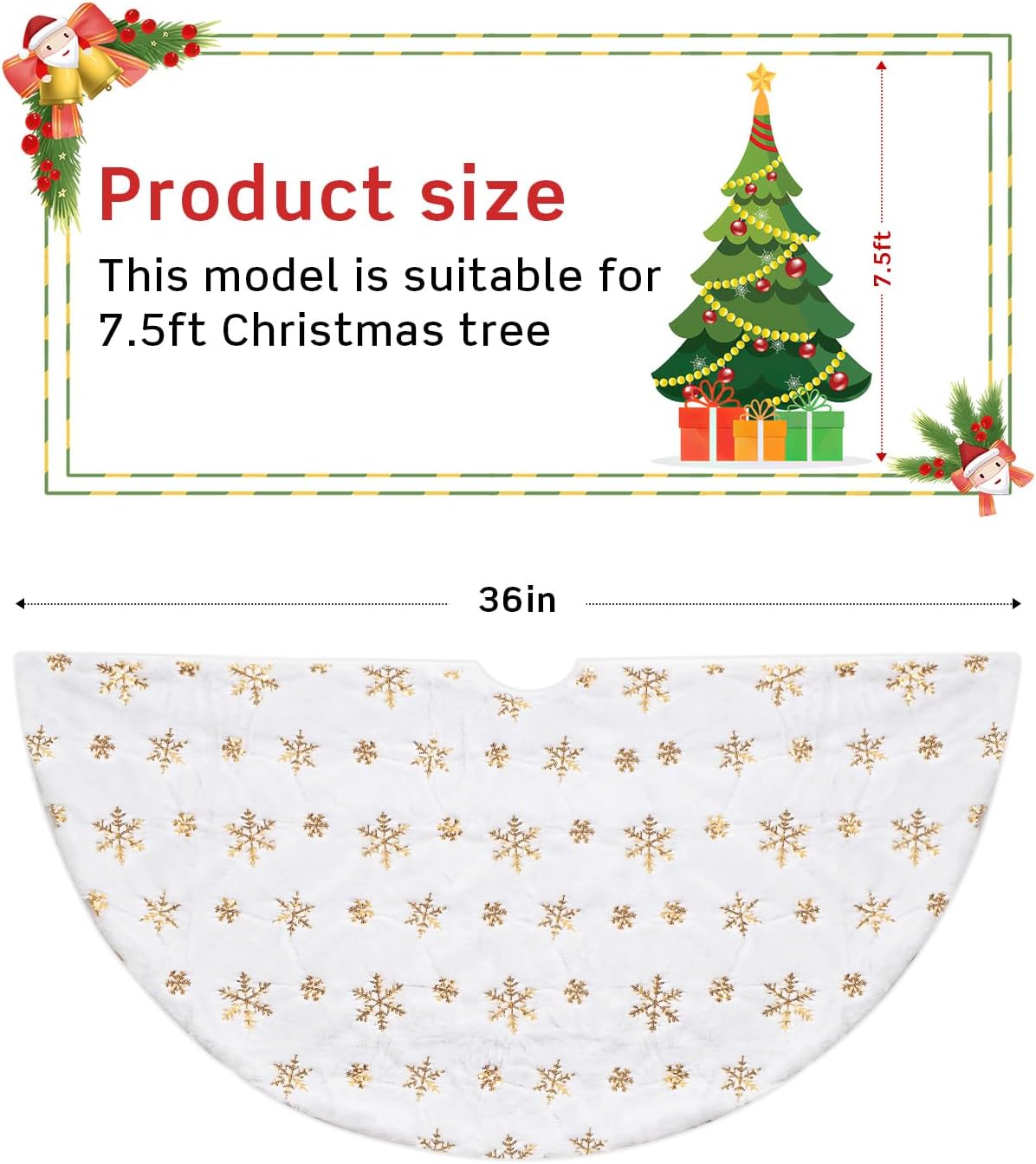 COOLWUFAN 36 Inches Christmas Tree Skirt for Xmas Tree Holiday Party Decoration White Plush Gold Sequin Snowflake (Gold)