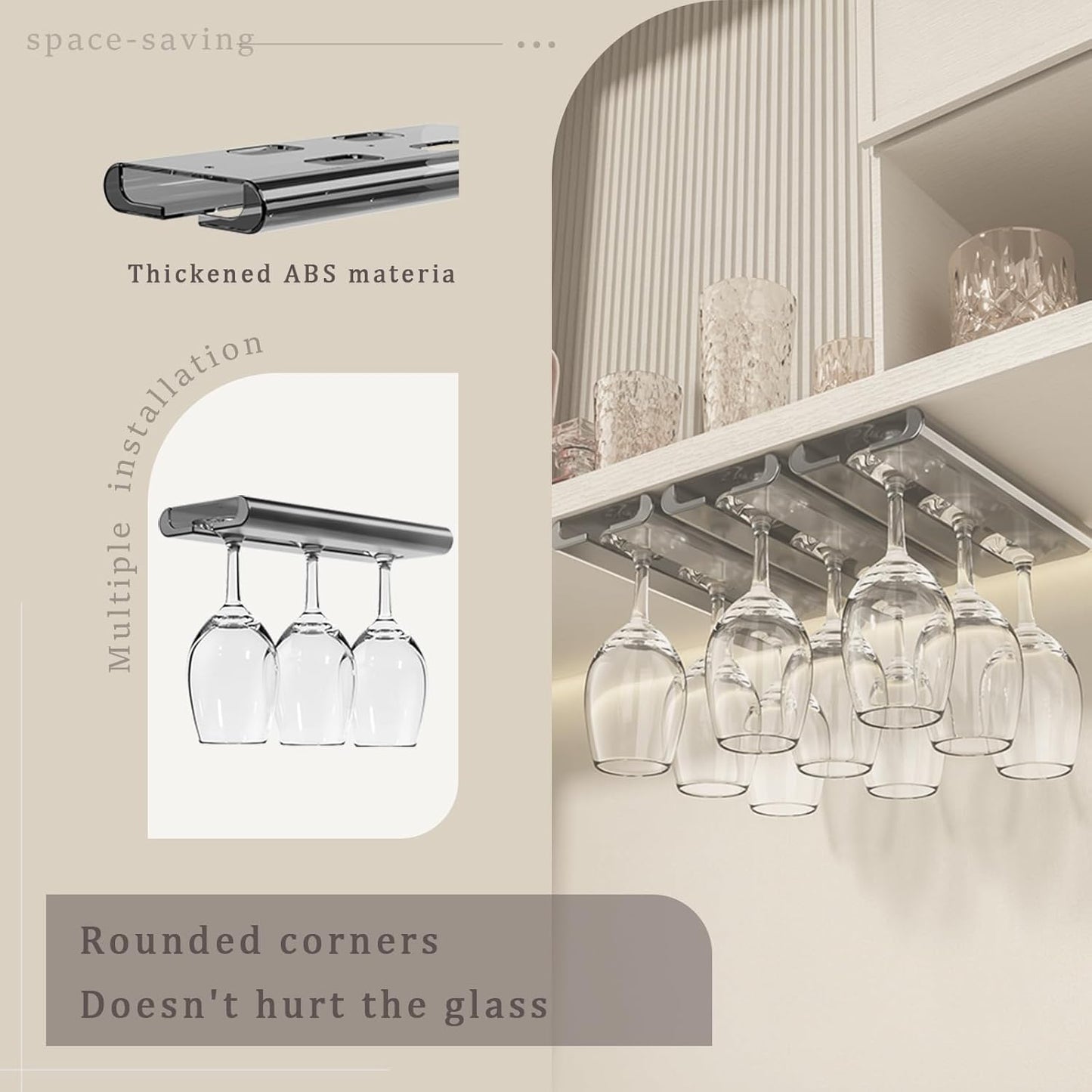 4Pack Wine Glass Rack, Punch-free Stemware Rack for Kitchen and Bar (Grey)