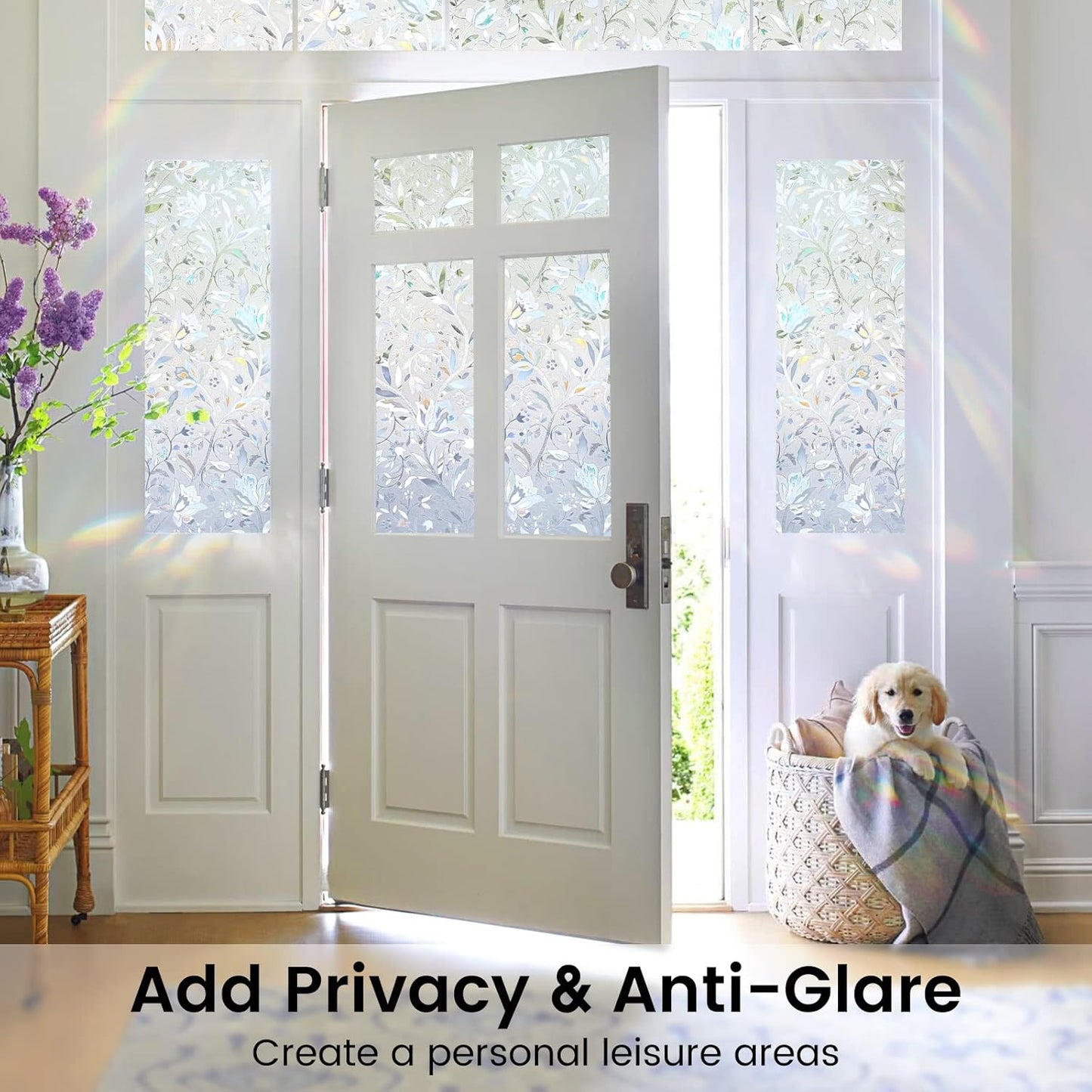 DOWELL Window Privacy Film, 3D Stained Glass Rainbow Films, Decorative Window Vinyl Sun Blocker Door Covering, Static Cling Non-Adhesive Glass Sticker for Home, Blooming Flowers, 23.6"x157.4"