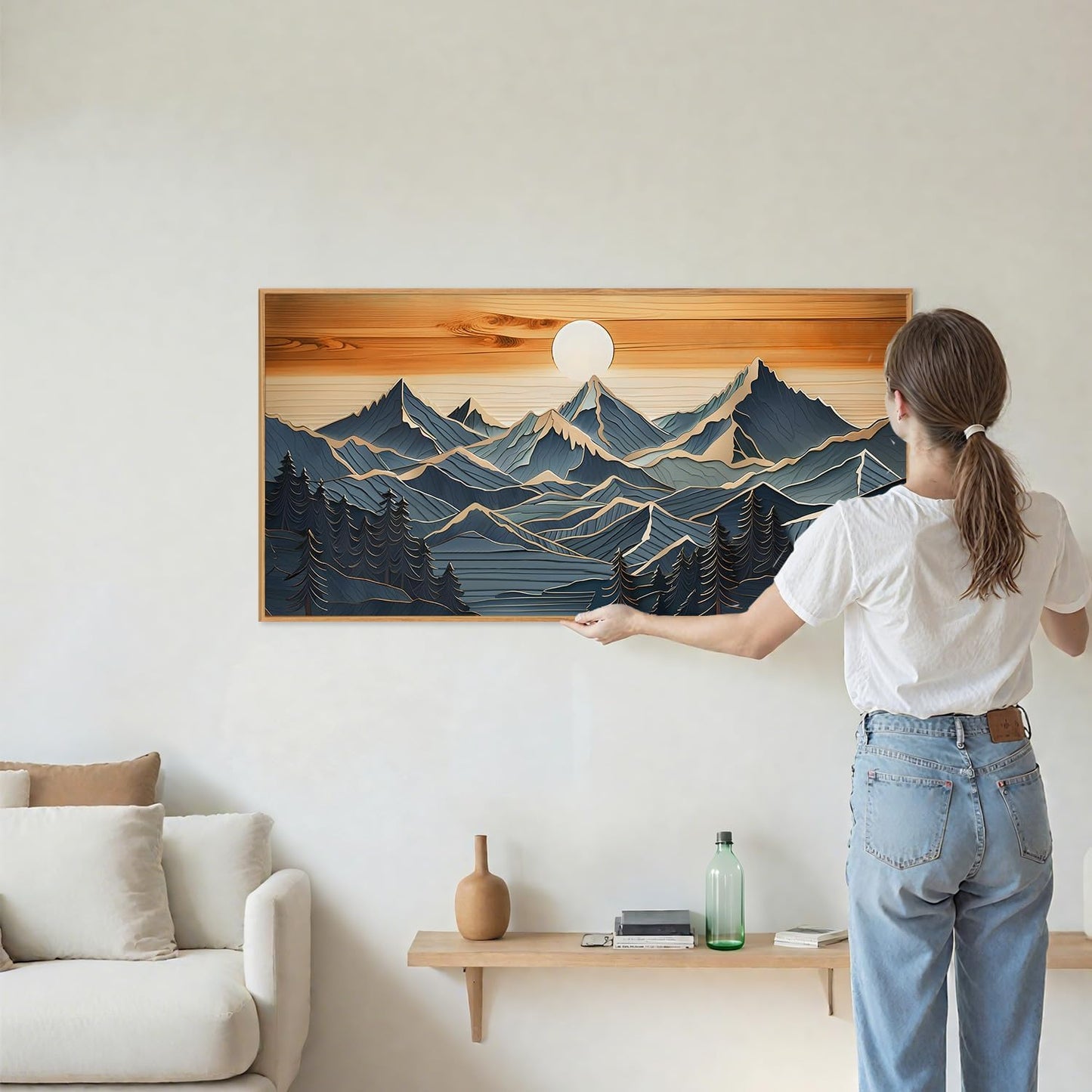 Tinonedraw Metal Mountain Framed Canvas Wall Art, Boho Mountains Forest Artworks, Mid Century Modern Blue Ridge Wall Decor, Vintage Nature Sunset Art Print for Living Room Bedroom Office 20"x40"