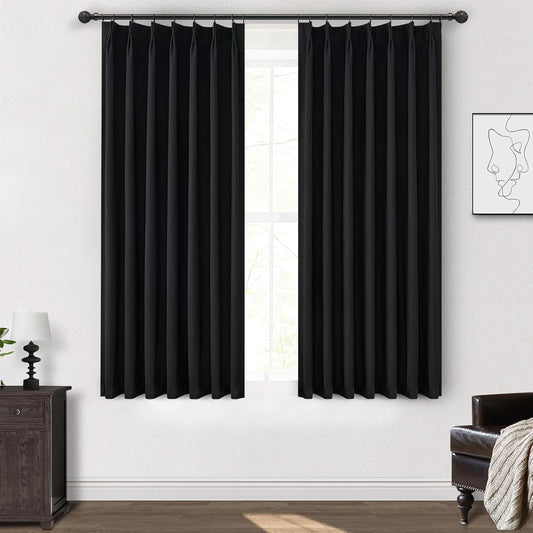 Black Out Kitchen Curtains 45 Inch Length 2 Panels Set, Mini Textured Linen Pinch Pleated Thick Drapes Room Darkening Insulated Black Small Window Curtain with Hooks Rings Back Tab 40"Wx45"L Blackout