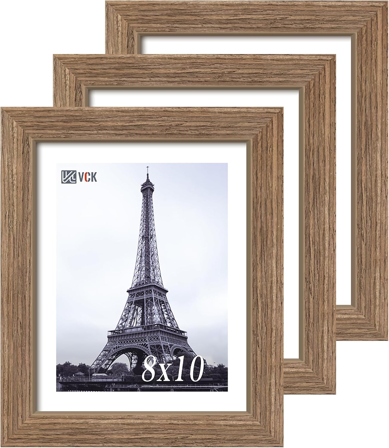 VCK 8x10 Picture Frame 3 Pack - Brown Walnut, Natural Textured Solid Wood Frame, Wall Gallery Frame