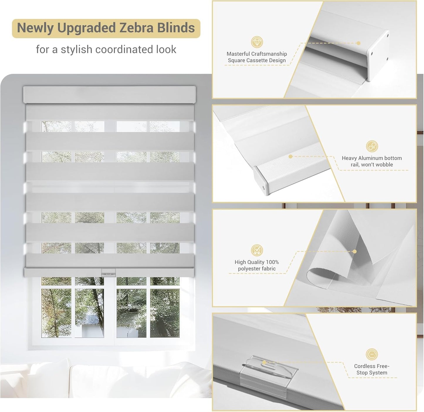 Cordless Zebra Blinds for Windows, Blackout Interior Blinds,Easy to Install,UV Protection,for Offices and Home,Custom Roller Shades, Solid White, 55" W x 88" H