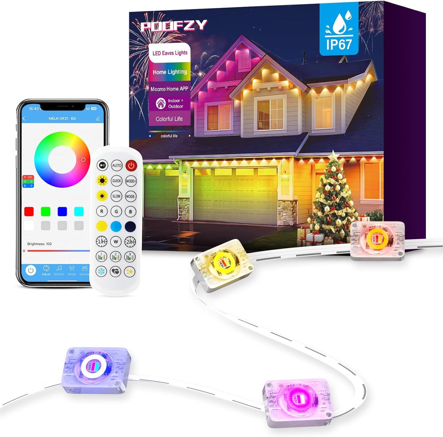 POOFZY Permanent Outdoor Lights for House, 200ft RGB+IC Smart Outdoor Decor, 50 Scene Modes, App/Remote Control, IP68 Waterproof, for Christmas, Holiday, Daily & Pool Party Decor, House Roof Lighting