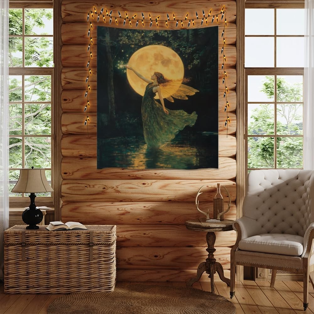 Whimsical Fairy Tapestry Fantasy Moonlight Fae Goddess Print Moody Gothic Aesthetic Wall Hanging Magical Forest Pictures Dark Cottage Witchy Tapestries for Girls Room Bedroom 70x90inch
