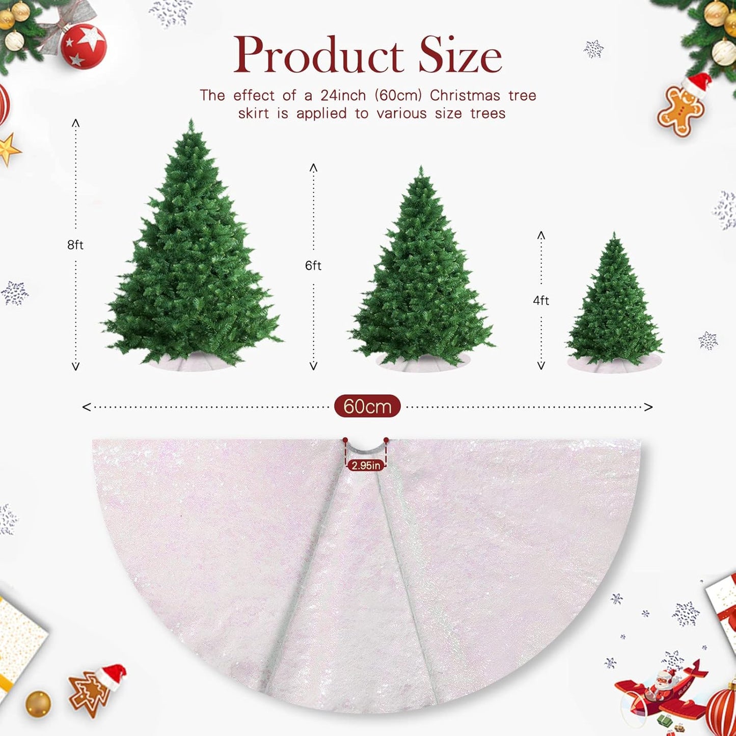 Mini Tree Skirt 24inch Iridescent White Christmas Tree Skirt Sequin Tree Skirt for Winter Holiday Party Christmas Decorations