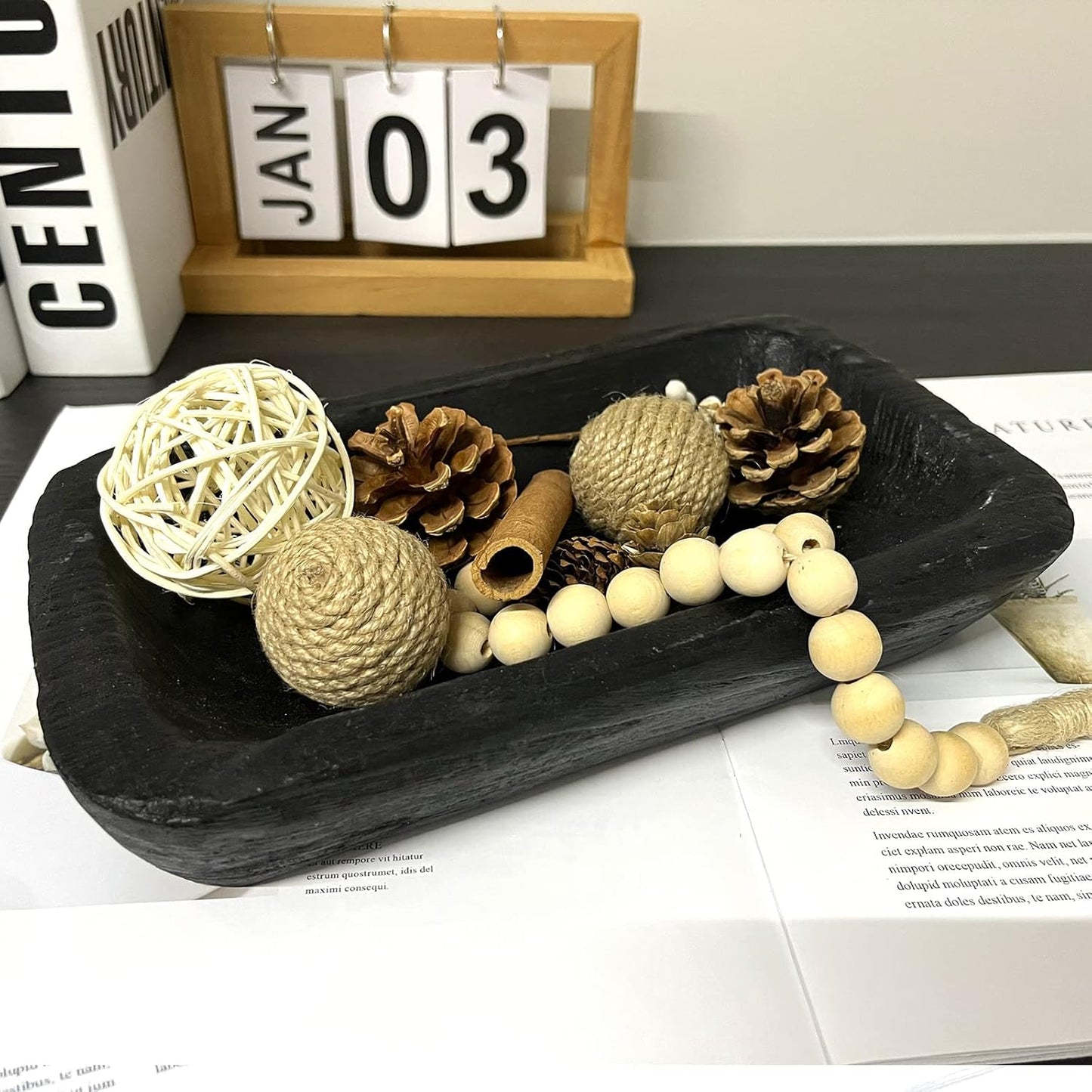 Wooden Dough Bowl Decor, Vintage Wooden Bowl Hand Carved Home Decor for Dining Table Center, Living Room, Kitchen Decor. (10inch black)