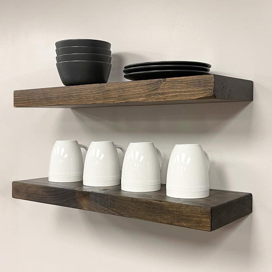 URBANDI, Rustic Floating Shelves, Set of 2, Hidden Bracket, Solid Wood, Heavy Duty, Wall Mounted Shelves, (Dark Brown, 48Wx10D)