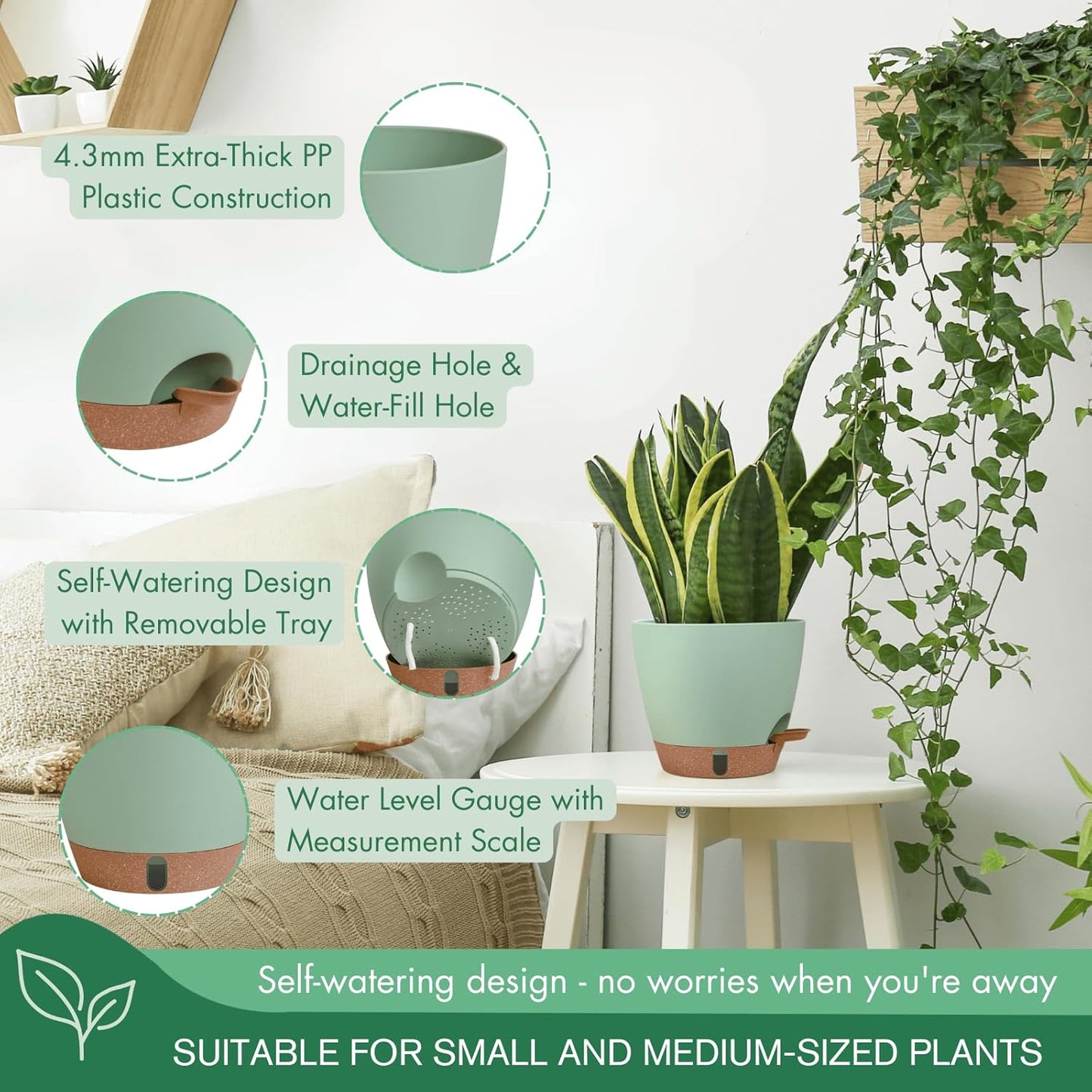 montresor 2 Pack 8 inch Plant Pots, PP Plastic Self Watering Plant Pot with Drainage and Tray for Indoor Outdoor Plants, Water Level Window & Reservoir Flower Pots Decorative Planter (Green)