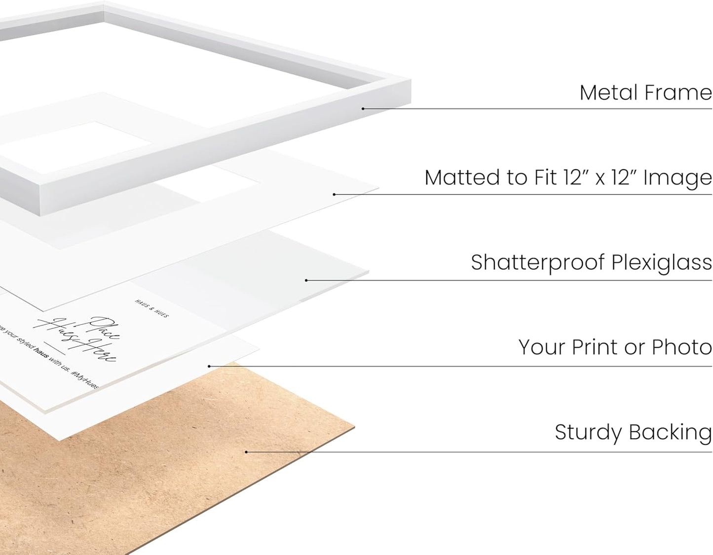 HAUS AND HUES 16x16 White Metal Picture Frame Matted to 12x12 - Features Premium Aluminum & Hanging Hardware, Shatterproof Plexiglass - Ideal for Home, Room, Office (16x16 in, White, Set of 1)