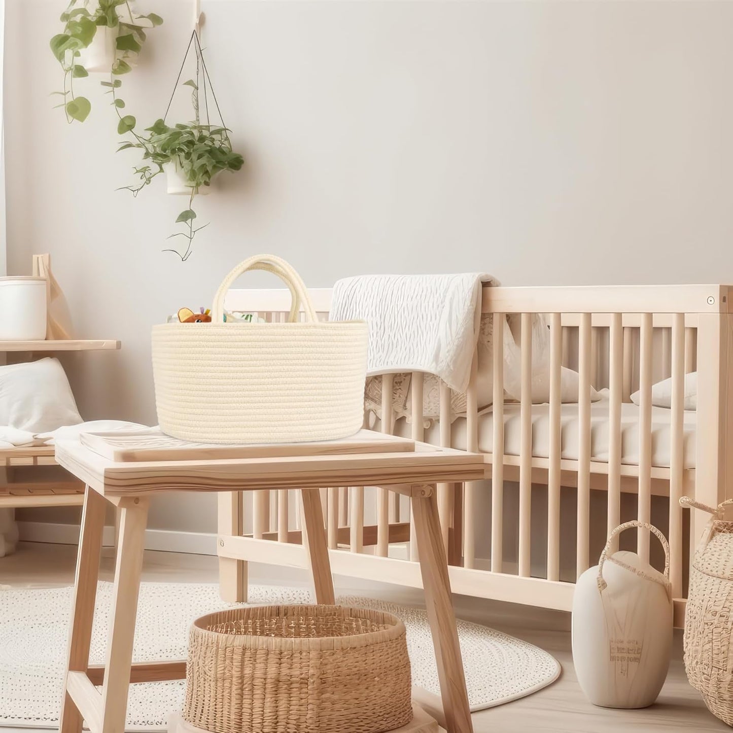 Diaper Caddy Organizer Cotton Rope Baby Basket Nursery Storage and Portable Tote Bag for Car Ideal Baby Shower Gifts and Registry Must-Have for Newborn Essentials beige