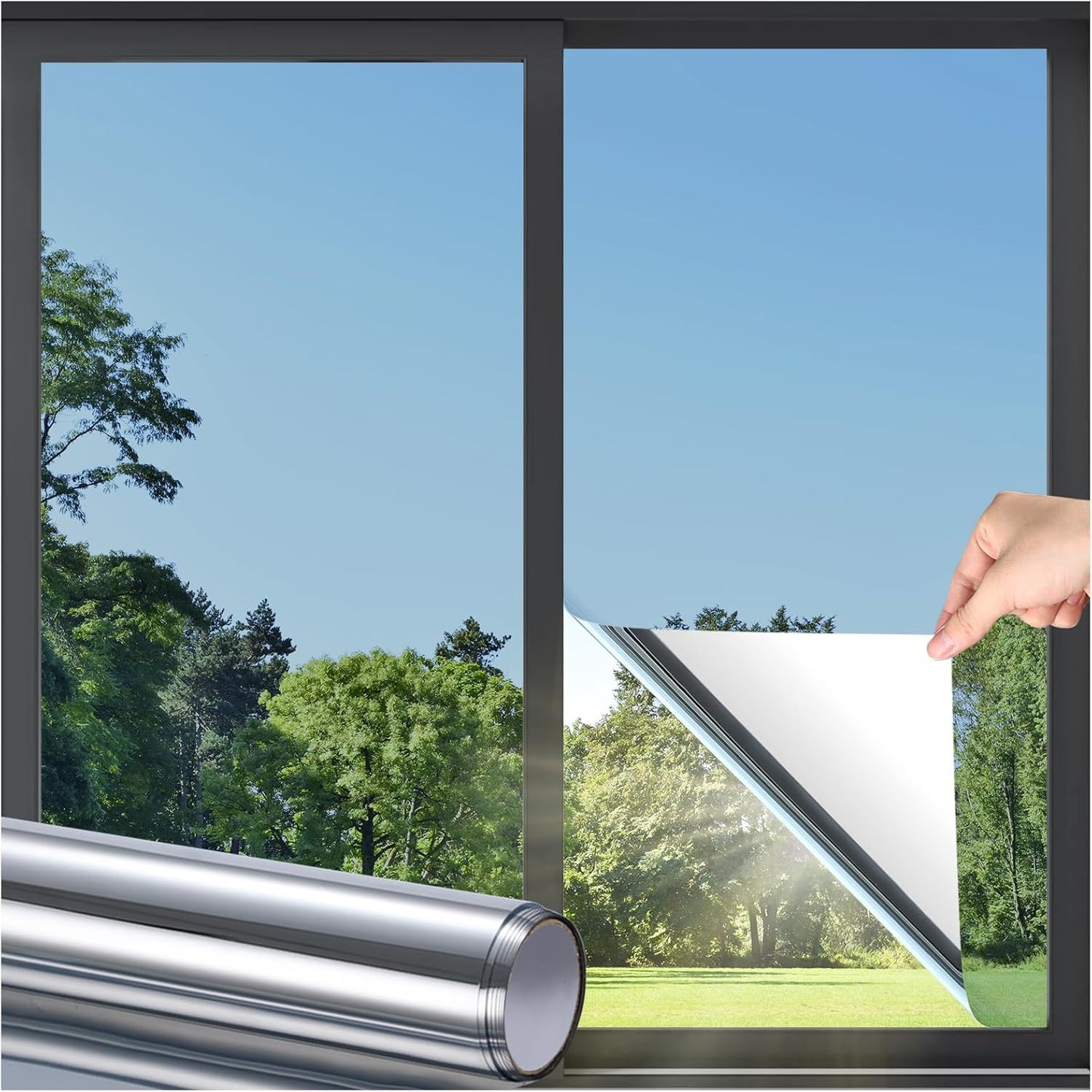 DOWELL Window Privacy Film, One Way Window Tint for Home, Static Cling Anti UV Sun Blocking Reflective Mirror Film, Heat Control See Out Not in Glass Tinting, Silver, 35.4" x 118"