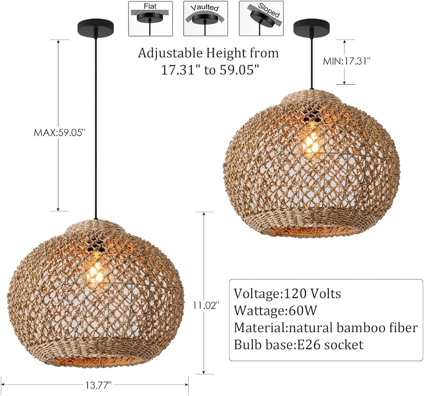 13.77" Woven Rattan Pendant Light,Hand-Woven Water Plants Rattan Chandelier Boho Wicker Coastal Retro Ceiling Chandelier Lighting,for Kitchen Island Restaurant Craft Room Farmhouse