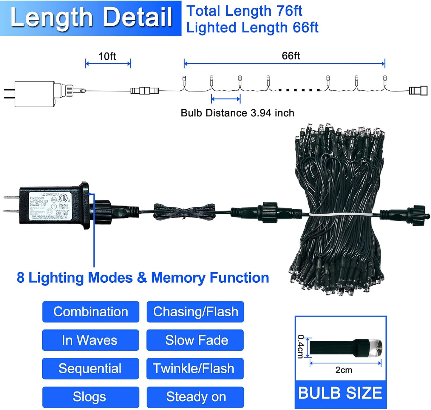 JMEXSUSS 200 LED Blue Christmas Lights Outdoor, Expandable 66ft Christmas String Lights Green Wire, 8 Modes Twinkle Xmas Tree Light Plug in for Party Indoor Ceiling Beroom Patio Fence Yard Decor