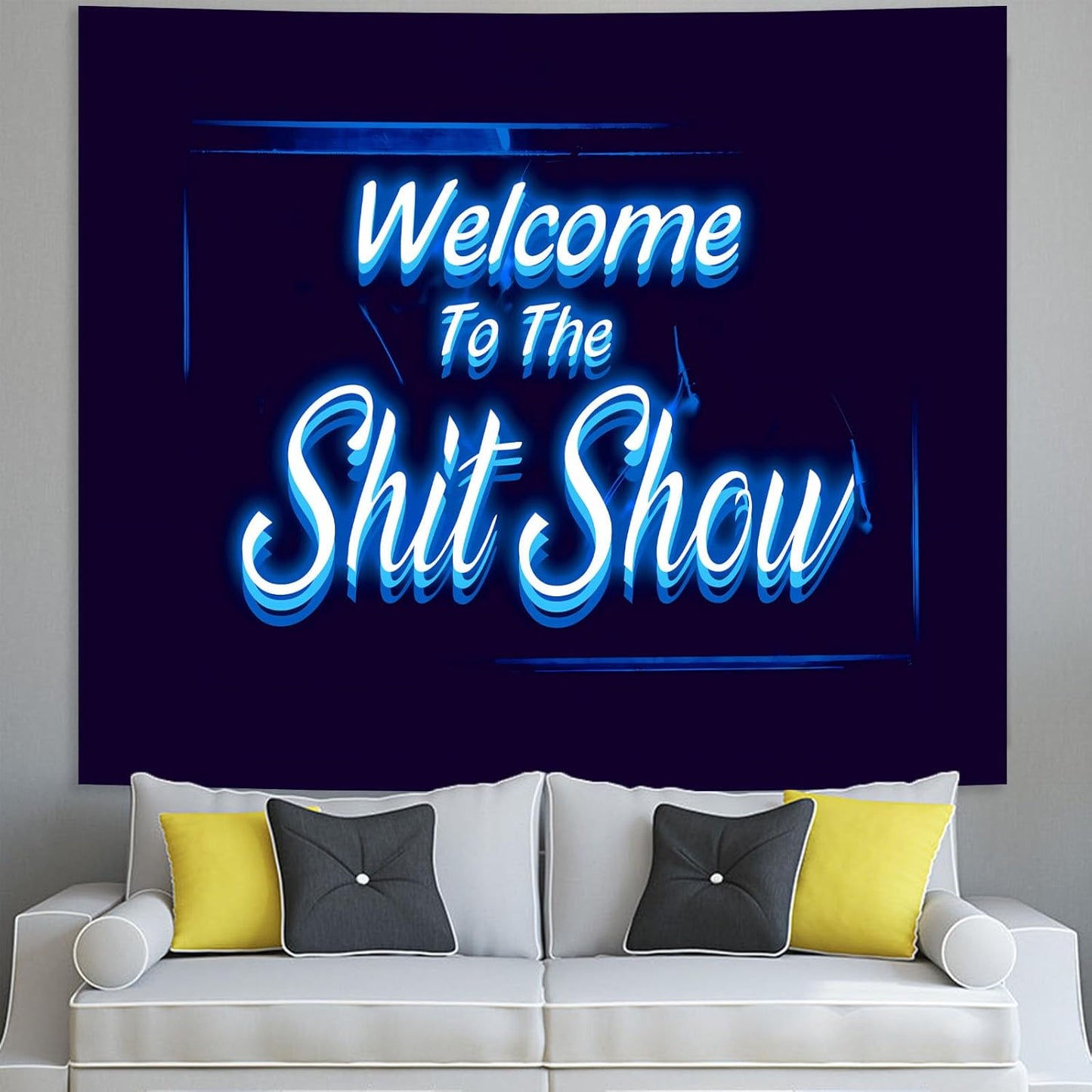 Welcome to the Shitshow Tapestry Blue Dorm Room Decor for Bedroom Wall Hanging Vintage 3D Word Art Flag Wall Tapestry for Living Room Dorm Party Decor (51 X 60 Inches)