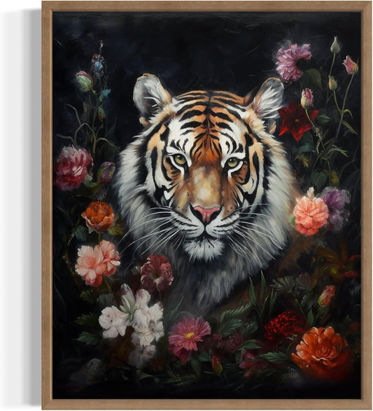 Tiger and Flower Poster Art Print, Halloween Scary Vintage Wall Art Academia Spooky Painting Decoration for Horror Prints, Gothic Posters Bedroom Decor 89 (Tiger and Flower, 8 x 10 inches, Wood Frame)