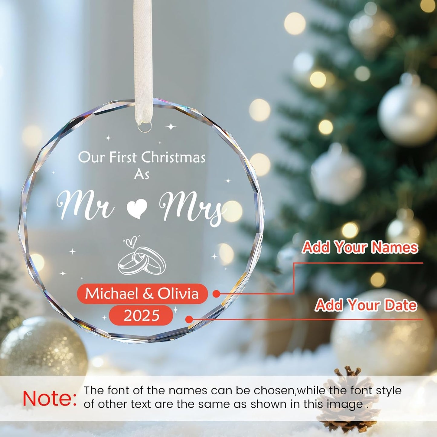 Our First Christmas As Mr & Mrs Ornament 2025, Personalized Christmas Ornaments Custom Name and Date, Customized Wedding Gifts for Couples, Bridal Shower Gifts - 1st Married Christmas Glass Ornament
