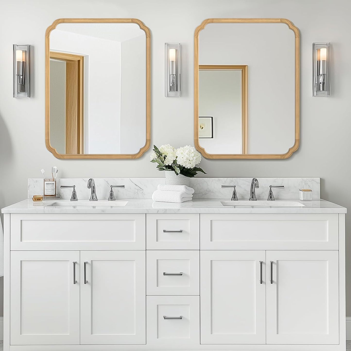 WallBeyond 30" x 40" Rounded Corner Arch Wall Mirror with Wood Frame for Entryway, Living Room or Bedroom Home Decor - Light Woodgrain [30 x 40 inches, Natural Color]