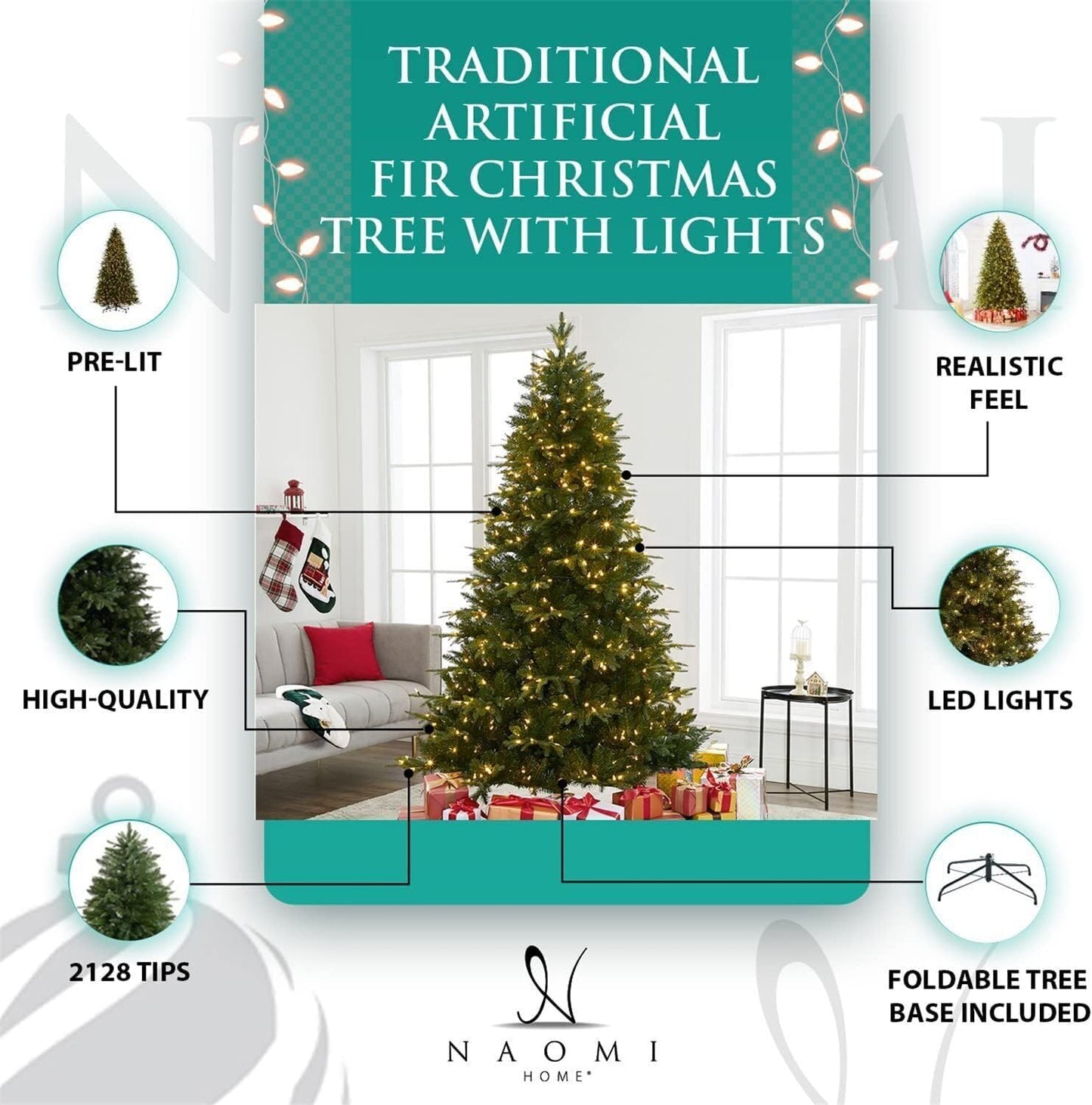 Naomi Home 4.5ft Christmas Tree with Lights, Realistic Fir Christmas Tree Prelit with 679 Branch Tips, 200 Warm Lights and Metal Stand, Aritificial Christmas Tree, Árbol De Navidad
