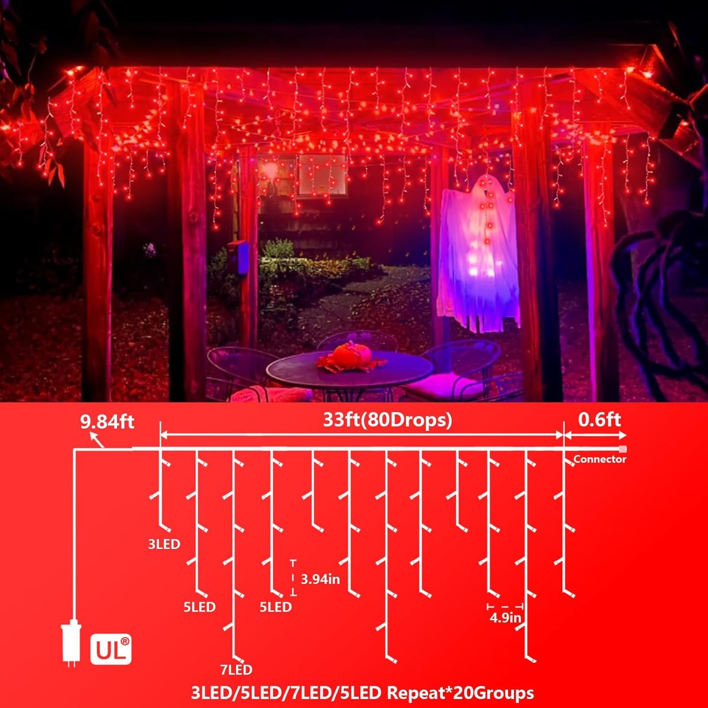 YEGUO Icicle Lights for Outside, 66ft 800LED Red Halloween Lights with 8 Modes, Connectable Icicle Halloween Lights Outdoor Waterproof