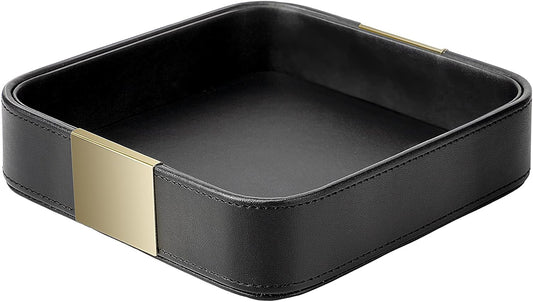 SANZIE Luxury Leather Desktop Storage Small Catchall Organizer Decorative Tray for Entryway Table to Hold Jewelry Watch Cosmetics Keys Phone Wallet, Home & Office Accessories (Metal Glided, Black)