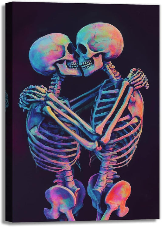 Skeleton Wall Art Kissing Skull Art Poster Skeleton Lover Picture Print On Canvas Abstract Horrible Theme Painting Framed Artwork Living Room Decor(Artwork-3,12"x18")