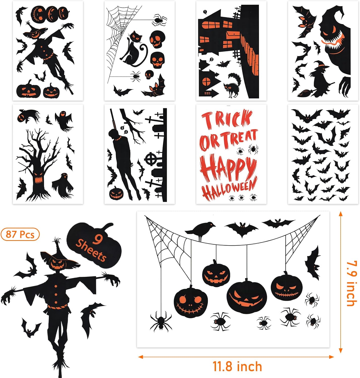 Halloween Window Clings, 9 Sheets Halloween Window Decorations Stickers Double-Sided Window Decal Scary Black Bat Ghosts Stickers,Happy Halloween Window Clings for Halloween Party Decoration