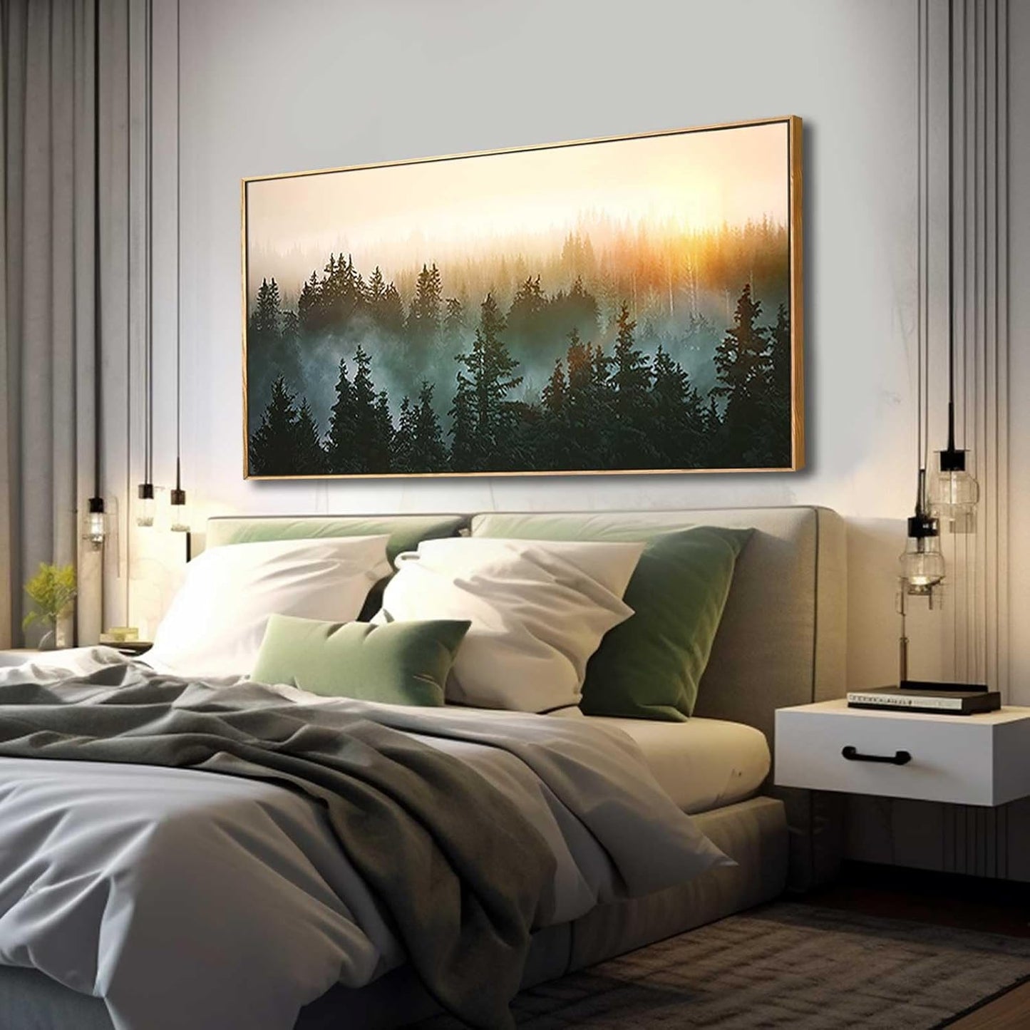 Living Room Wall Art Sunrise Misty Forest 24"x48" Modern Home Wall Decor Plants Wall Decorations Framed Artwork for Bedroom Dining Room Office Hotel