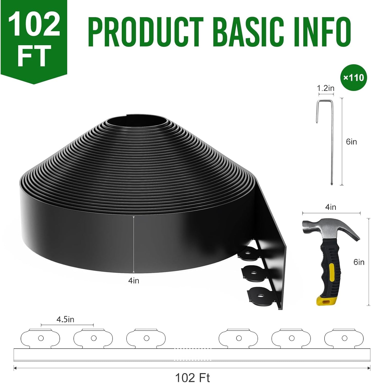 4 Inch Tall 102FT Landscape Edging with 110Pcs Metal Spikes, Plastic Garden Edging Border Landscape Edging Lawn Edging for Landscaping, Flower Bed, Paver, Yard