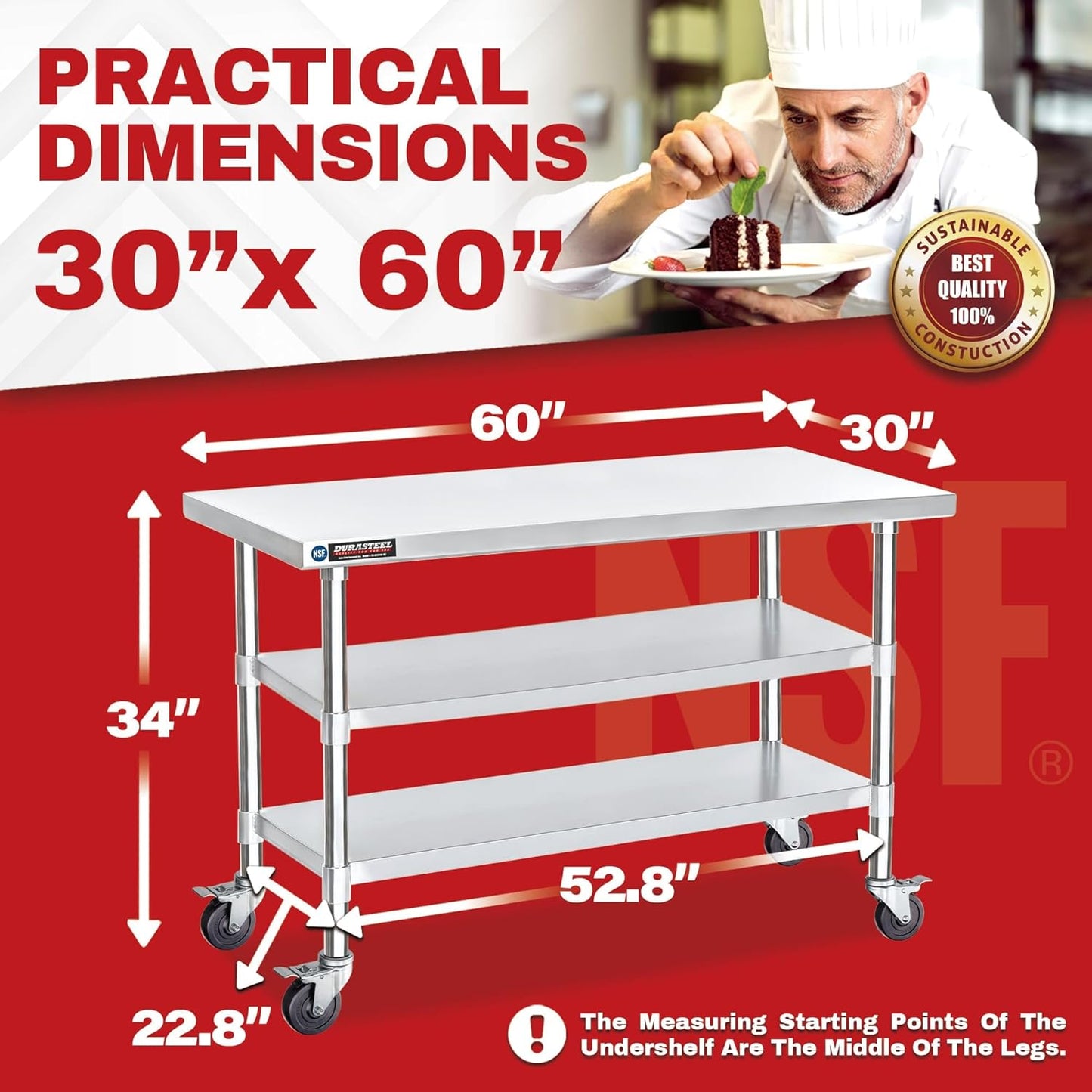 DuraSteel Stainless Steel Work Table 30" x 60" x 34" Height w/ 4 Caster Wheels - Food Prep Commercial Grade Worktable - NSF Certified - Good for Restaurant, Business, Warehouse, Home, Kitchen, Garage