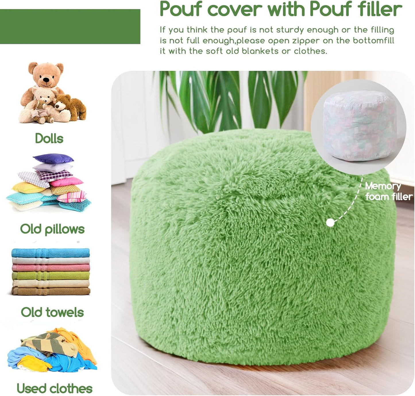 HIGOGOGO Round Stuffed Pouf Ottoman, Long Faux Fur Poufs with Foam Chunk Filling, Fluffy and Furry Pouf Foot Stool Storage Ottoman, 26 X 18 Floor Poufs Foot Rest for Living Room, Green