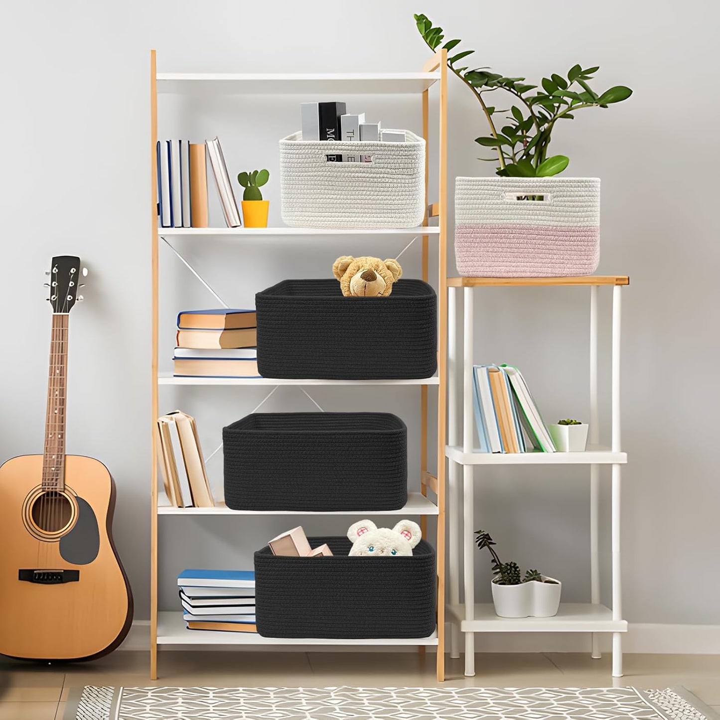 COMFY-HOMI Cotton Rope Woven Basket with Handles for Shelves,Toys,Book, Cloth Storage Baskets for Organizing-17" x 13" x 7.5" Toy Decorative Organizer for Living Room, Bathroom （all black）