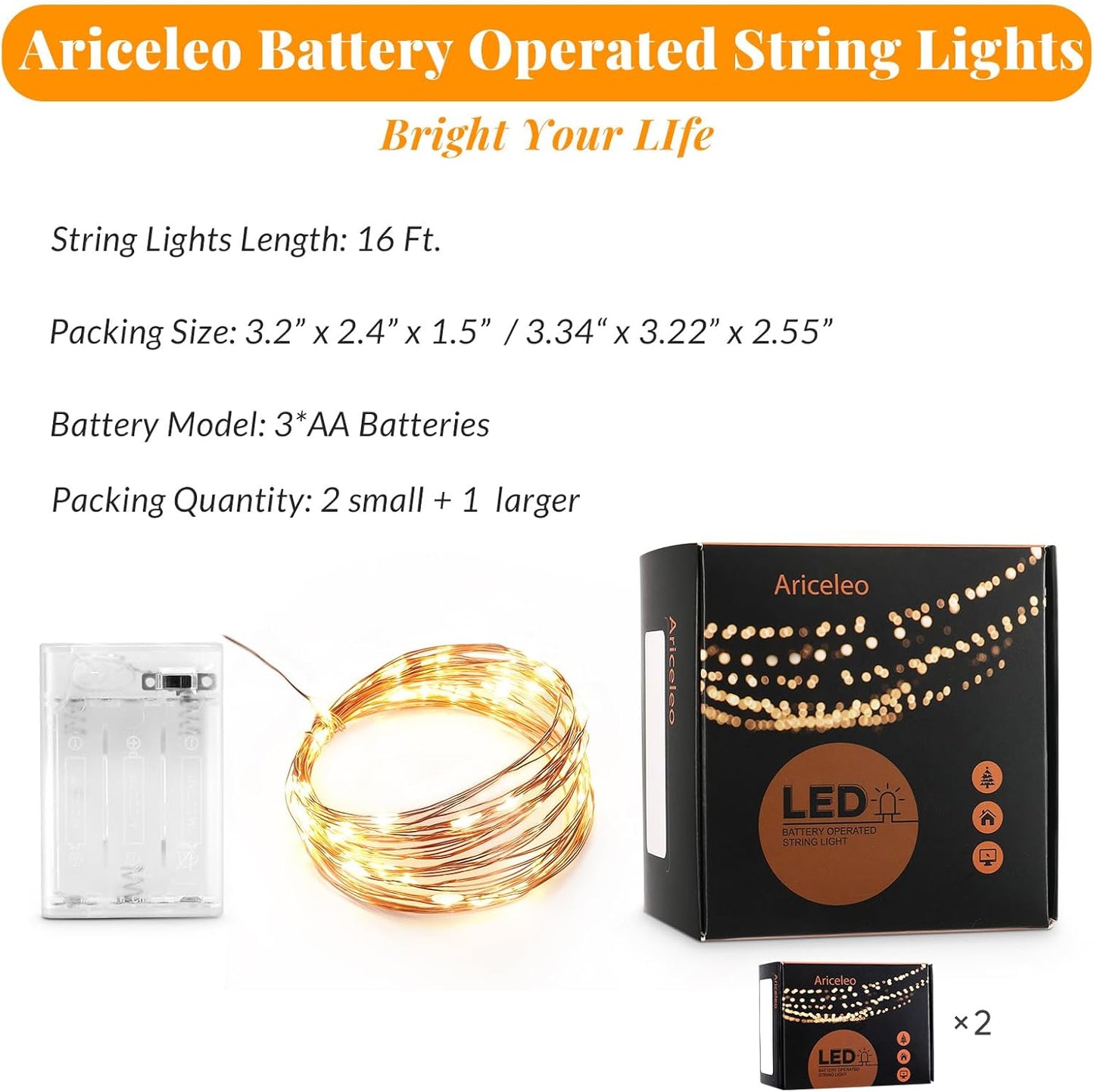 Led Fairy Lights Battery Operated, 2 Packs Mini Battery Powered Copper Wire Starry Fairy Lights for Bedroom, Christmas, Parties, Wedding, Centerpiece, Decoration (5m/16ft Warm White)