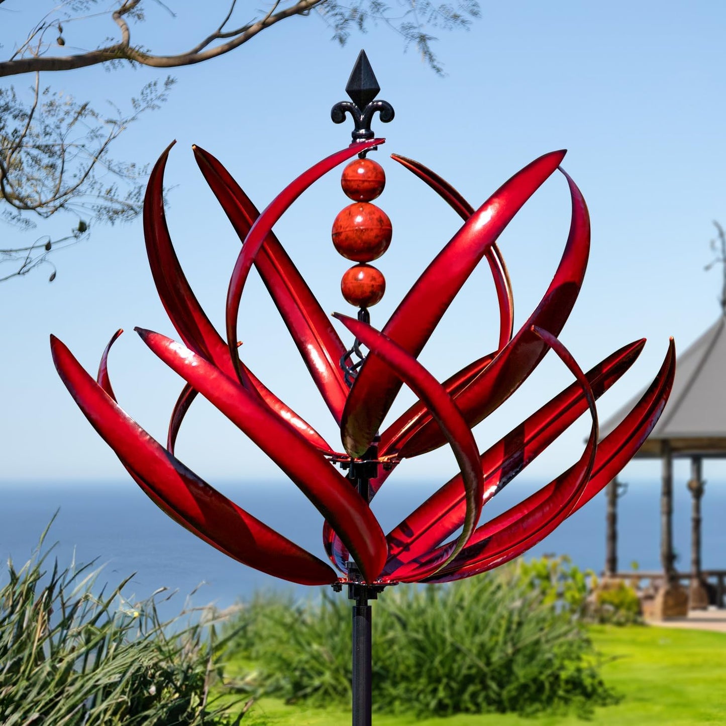 LimeHill Wind Spinner for Garden and Yard - Large Metal Kinetic Wind Sculptures for Outdoor Decor (91 Inches, Burgundy Lotus)