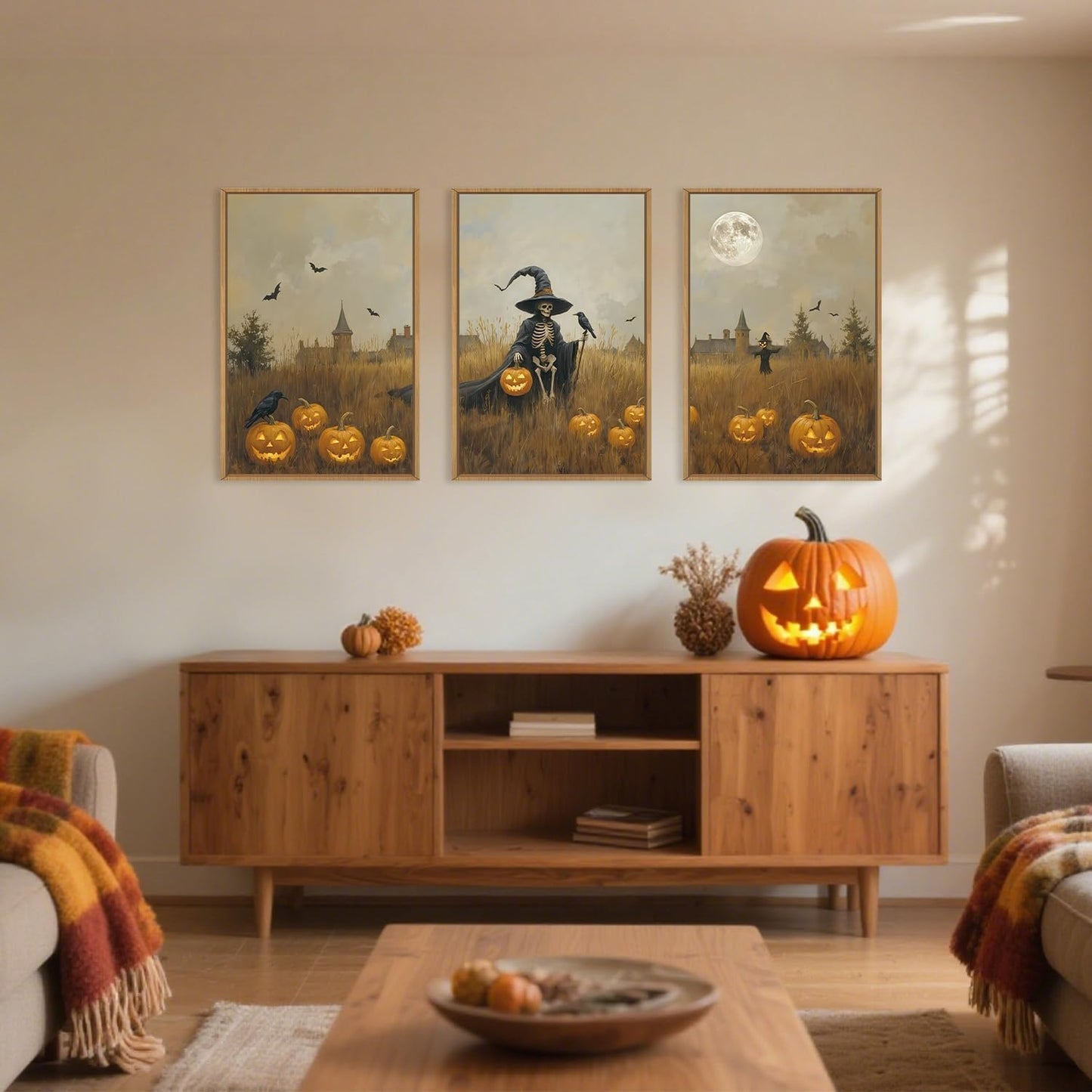 Celestdeco Halloween Ghost Reaper Framed Wall Art Set, Scary Witchy and Pumpkin Wall Decor, Horror Night Wall Painting, Full Moon Bats Art Prints for Living Room,Bedroom,Halloween Themed Party Decoration-16"×24"×3