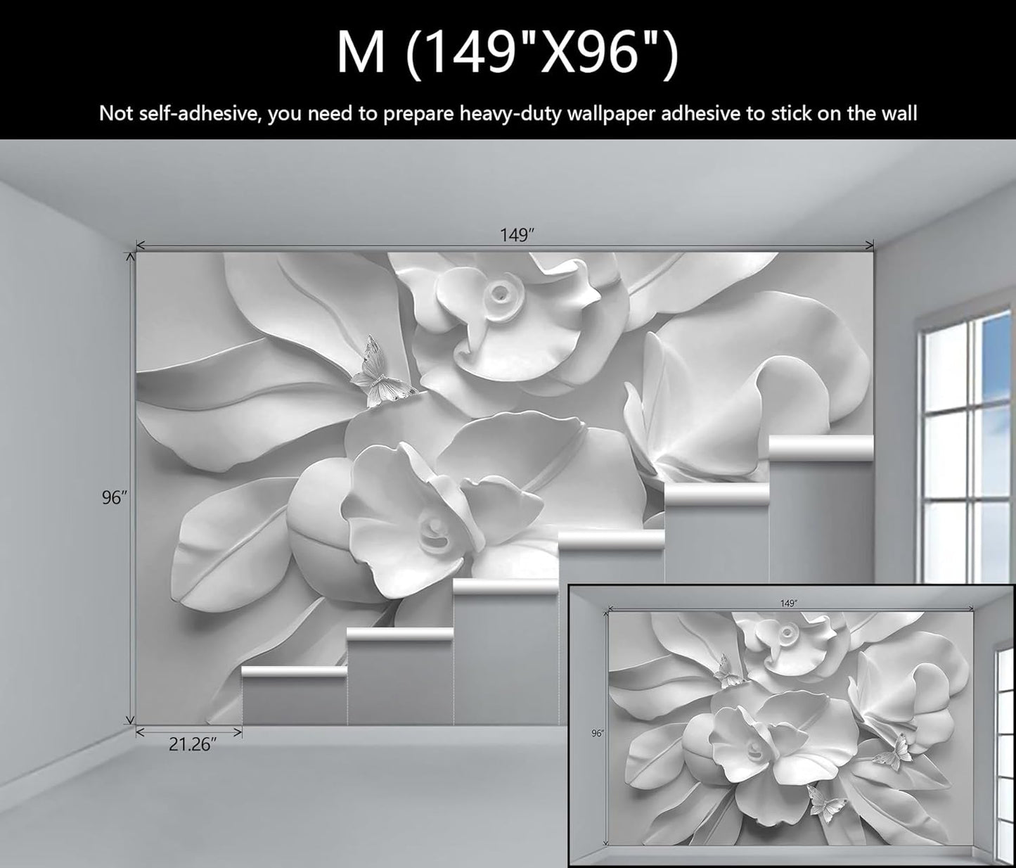 WFBHUA-3d Gray Floral Wallpaper Mural Black and White Embossed Peony Flowers Butterfly Wallpaper for Living Room Bedroom(Not Peel and Stick)