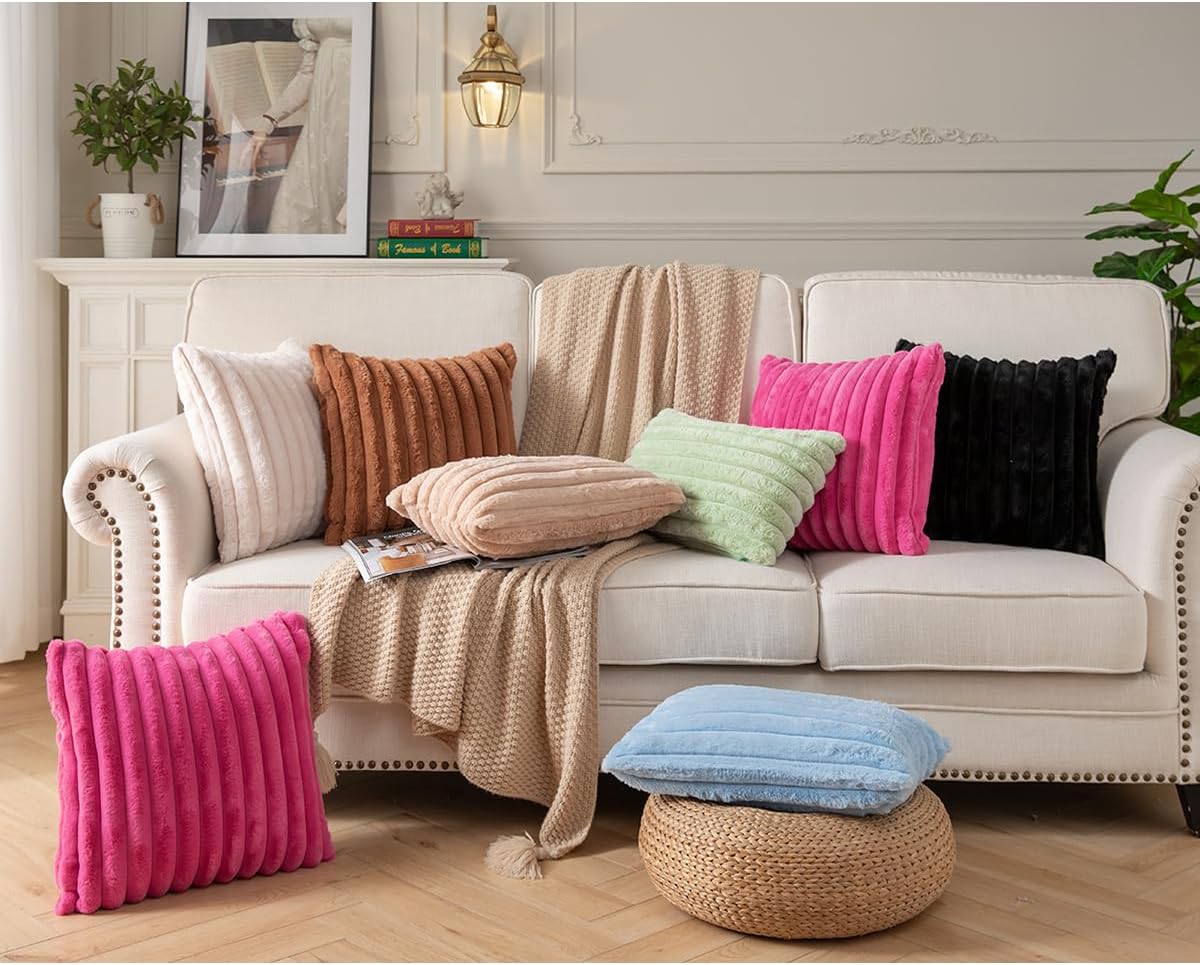 DEELAND Pack of 2,Double-Sided Faux Fur Plush Decorative Throw Pillow Covers Fuzzy Striped Soft Pillowcase Cushion Covers for Sofa Couch Bedroom Black 24x24 inch