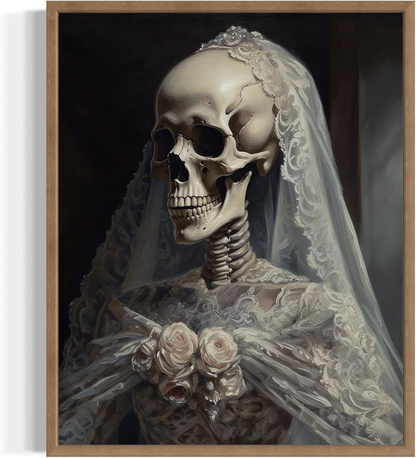 Skull Gown Poster Art Print, Halloween Scary Vintage Wall Art Academia Spooky Painting Decoration for Horror Prints, Gothic Posters Bedroom Decor 89 (Skull Gown, 8 x 10 inches, Wood Frame)