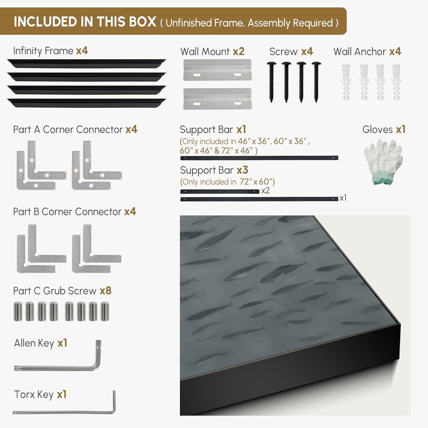 SIGNWIN 36"x46" Extra Large Framed Wall Art Gray School of Fish Minimalist Ocean-Inspired Marine Life Illustration for Home Living Room Bedroom Decor (Frame Assembly Required)