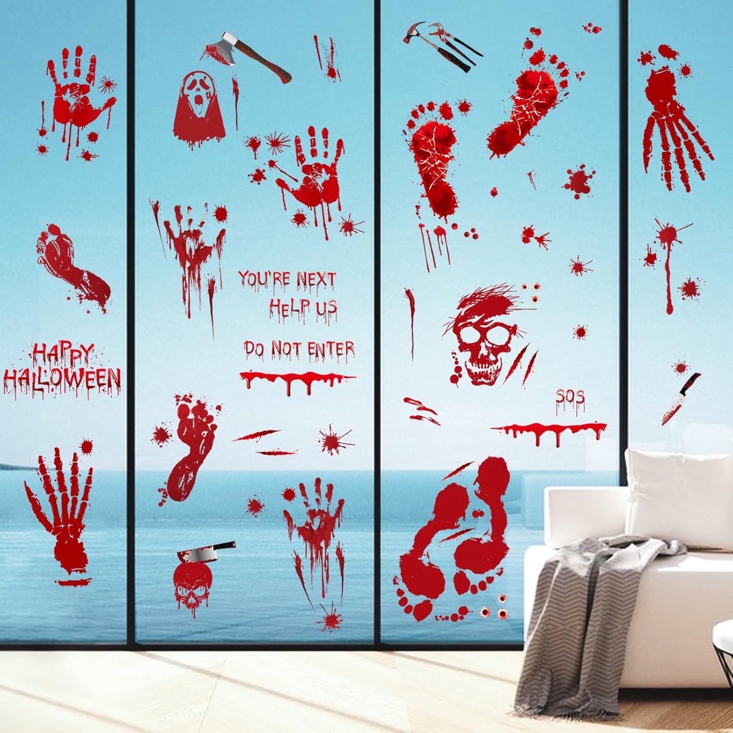 Halloween Decorations 165 PCS, 8 Sheets Bloody Handprint Footprint Halloween Wall Decal Floor Window Stickers,10 Sheets Wound Tattoo Stickers, Scary Party Decorations Window Stickers