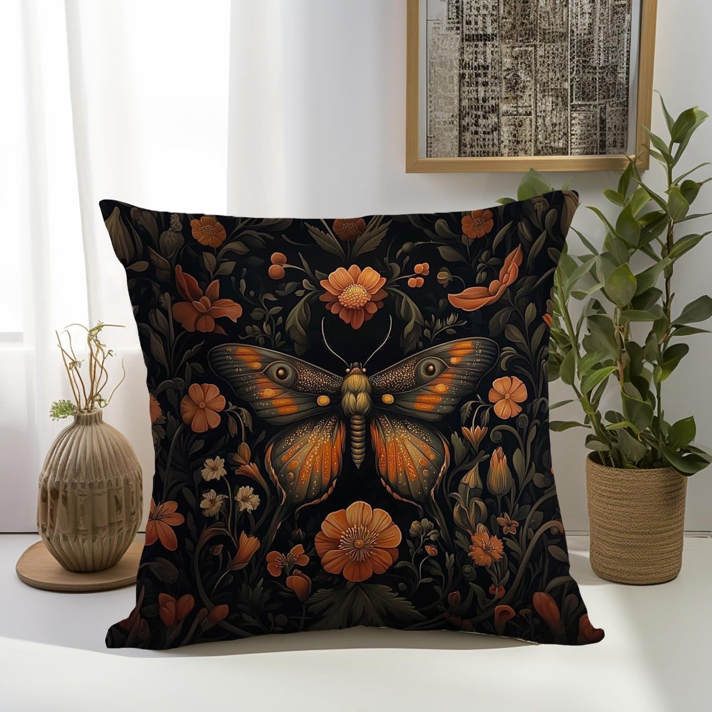 William Morris Abstract Vintage Floral Velvet Butterfly Design Throw Pillow Covers Home Decor, Retro Art Deco Pillowcase Cushion Cover for Bed Sofa Living Room, Square 18x18inch (Orange-Butterfly)