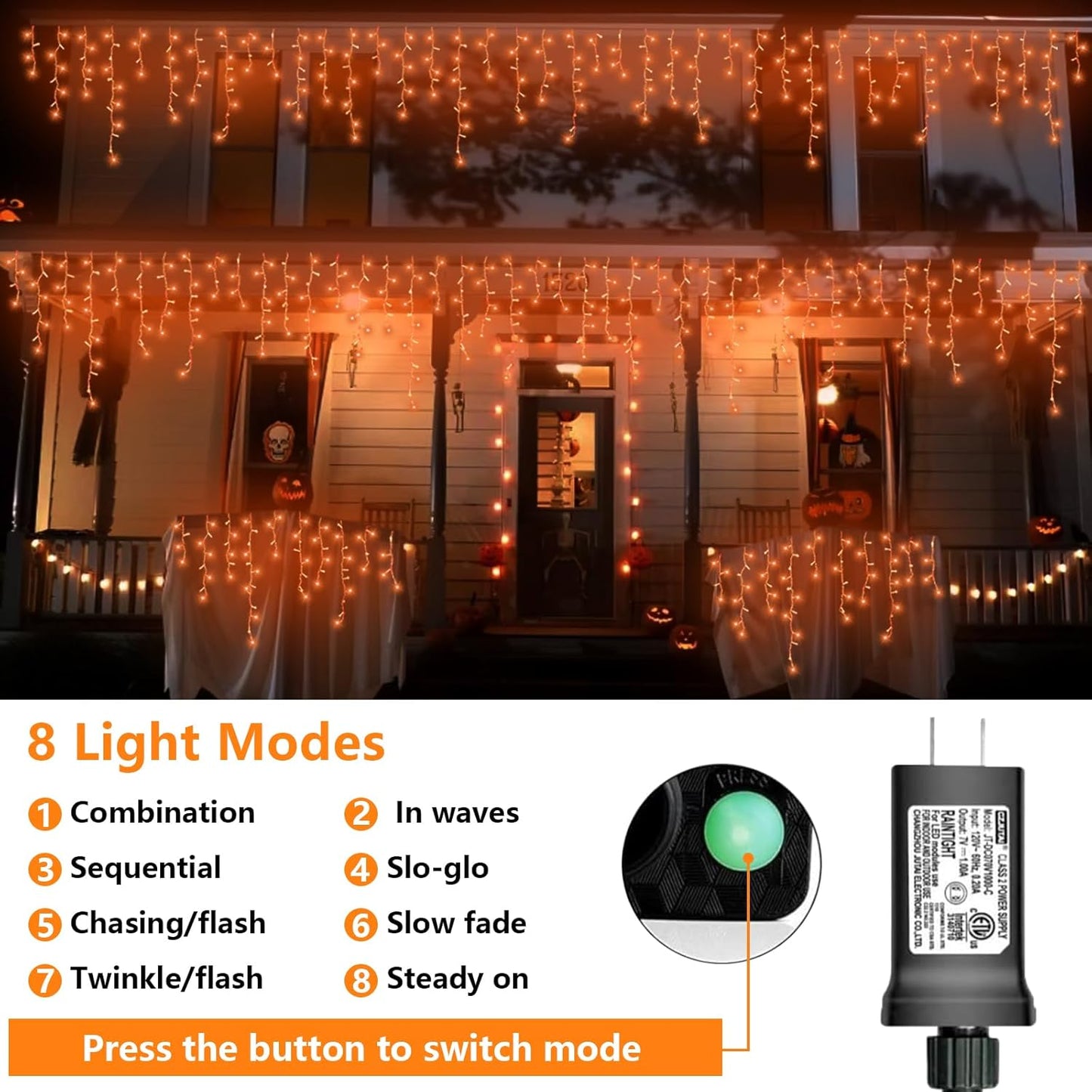 QITONG Orange Lights for Halloween, 66ft 800 LED Icicle Light for Outside with 8 Modes, Clear Wire Connectable Christmas Lights Indoor Plug in