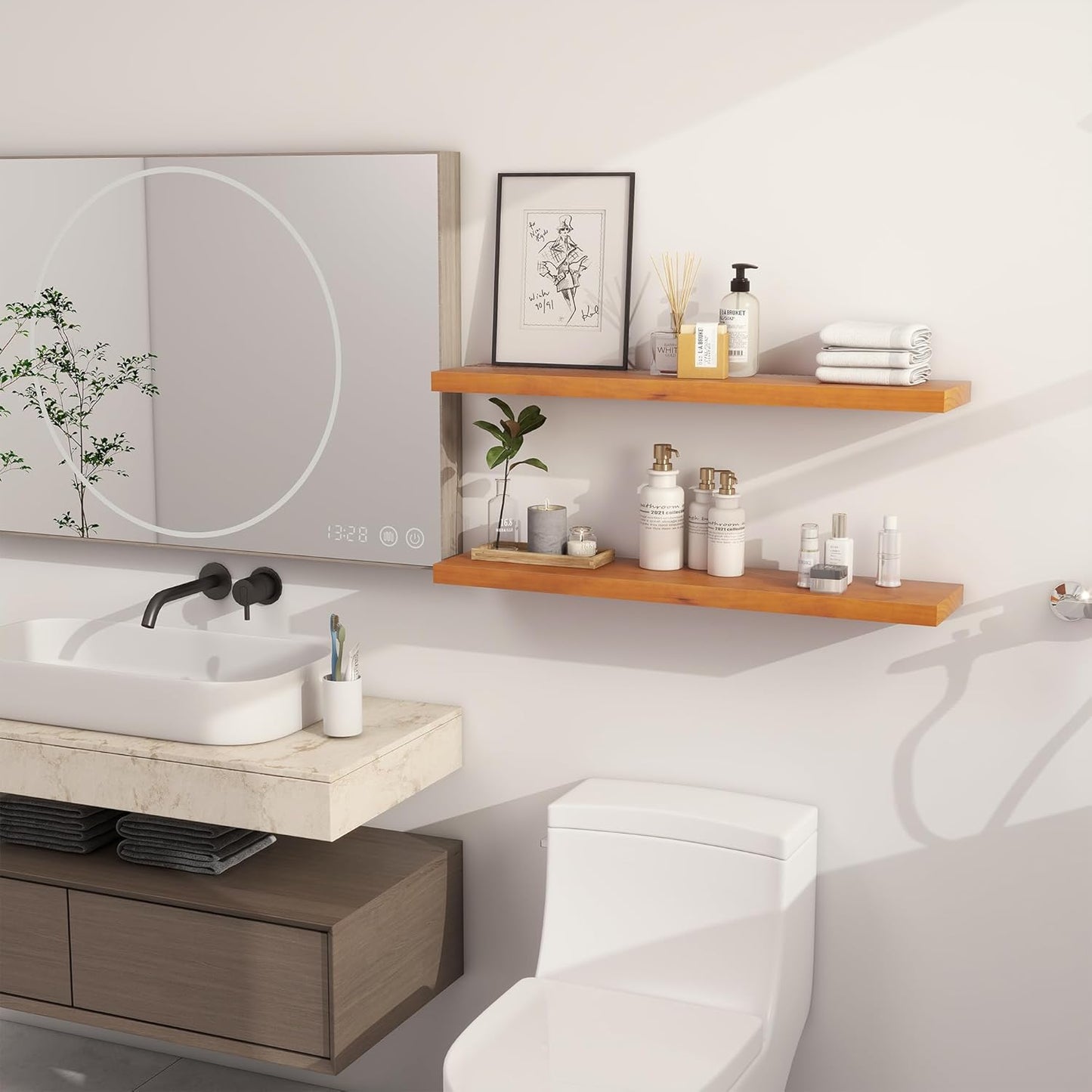 Light Brown Floating Wall Shelves 36 Inches Long x 8”x 1.4” Shelf Floating Rustic Farmhouse Decor, Heavy Duty Shelf Hold 80 lbs, Wall Shelves for Bathroom Living Room Kitchen Bedroom Office