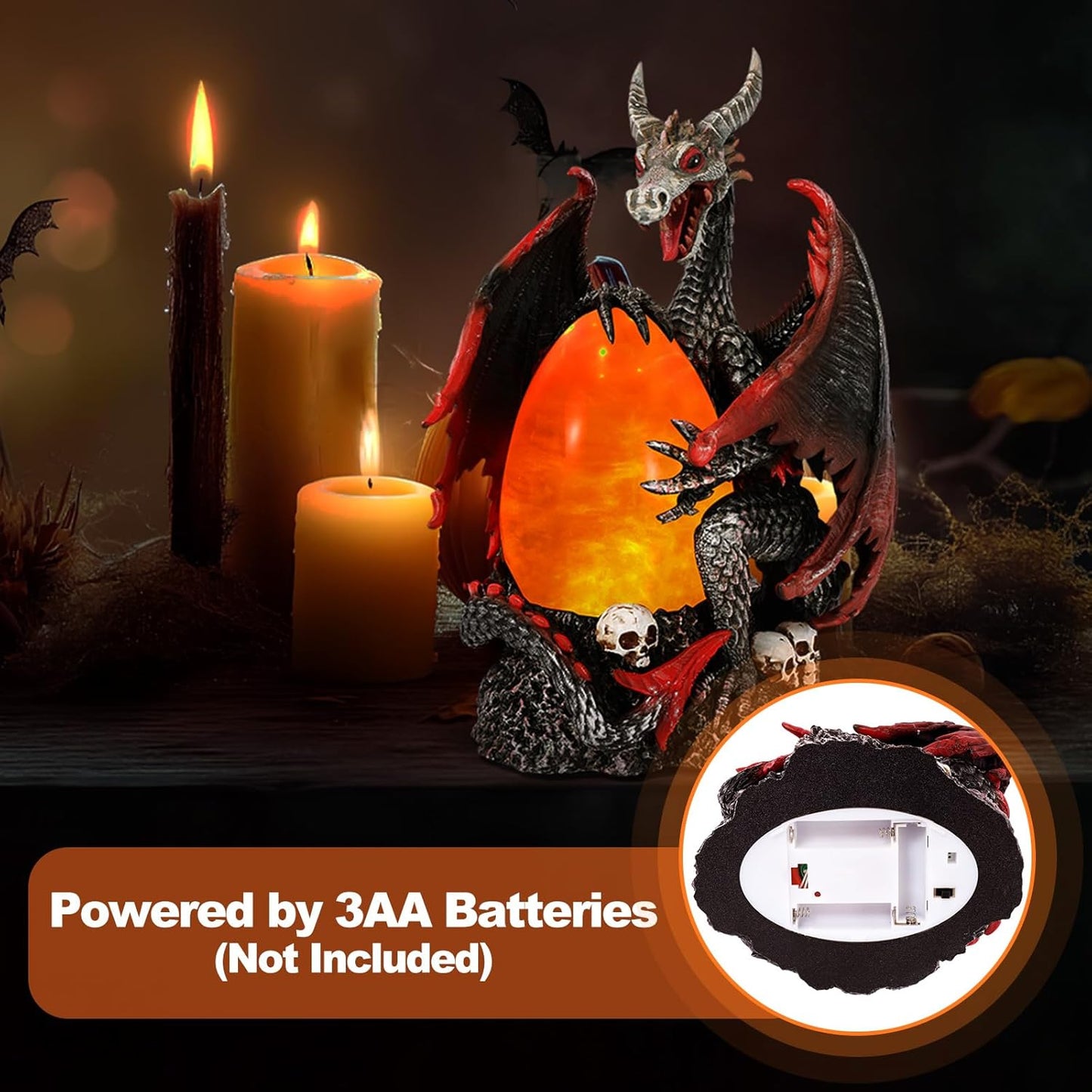 Fire Dragon Glitter Globe Statue Dragon Egg Glowing Sculpture, Skull Accent Base, Evil Dragons Lantern with 6H Timer, Battery Operated, Cool Decoration for Halloween, Fantasy Gift for Collectors