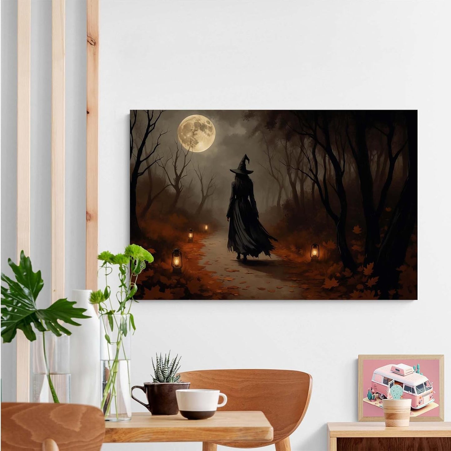 Moonlight witch poster dim lantern Halloween decoration Gothic style dark retro college style canvas wall art suitable for living room bedroom16x24in Wood Framed